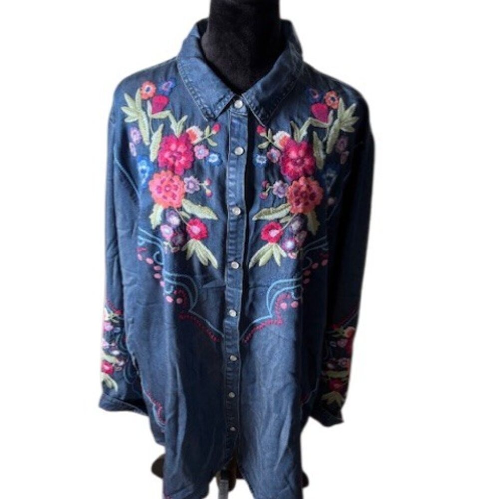 Johnny Was Workshop Dita Blue Embroidered Button Up Western Tunic Shirt NWT XL